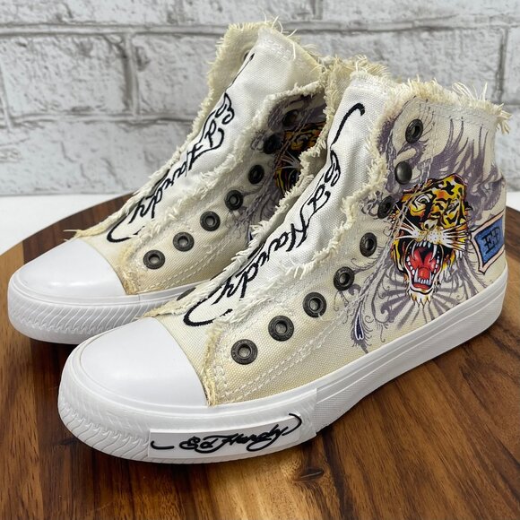 VTG Ed Hardy Canvas Laceless Skull Tiger Print Womens 5 High Top Slip On Shoes - Picture 1 of 13